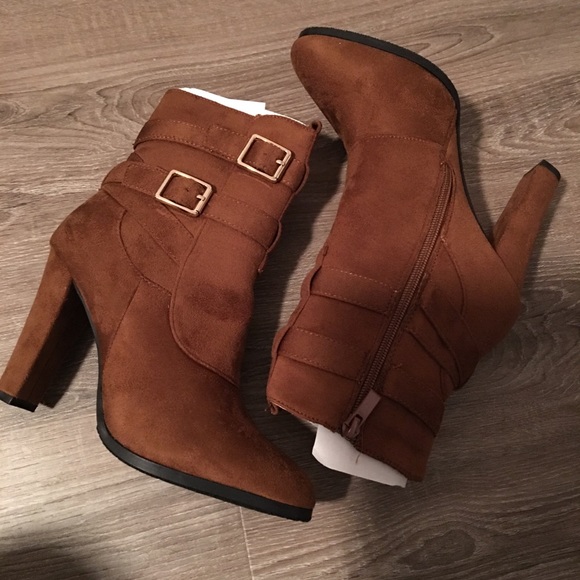 Shoes - Dark Camel Suede Boots with buckle decor